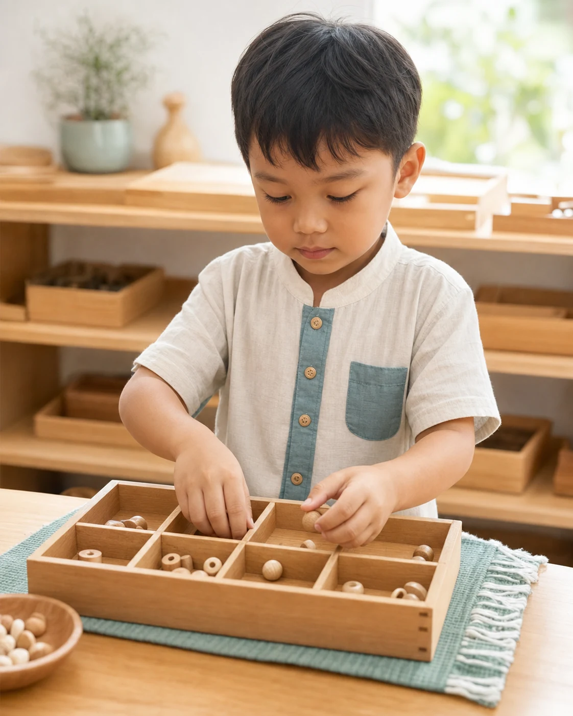 Anak berlatih mandiri dengan material Montessori